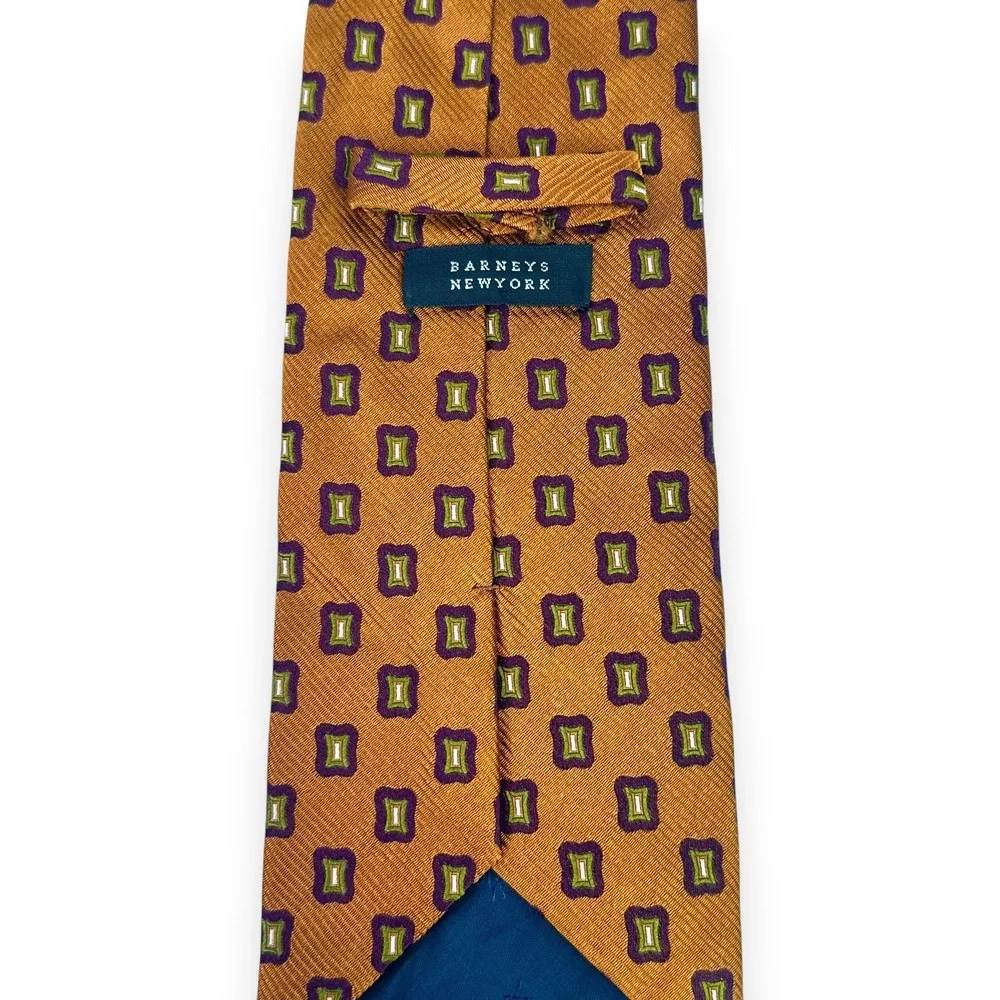Barneys New York Mens‎ Silk Geometric Tie 59 x 3.75 Gold Purple Italy Vintage